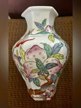 Vintage China Blue Fine Porcelain Vase Seymour Mann Peaches Chinoiserie Floral
